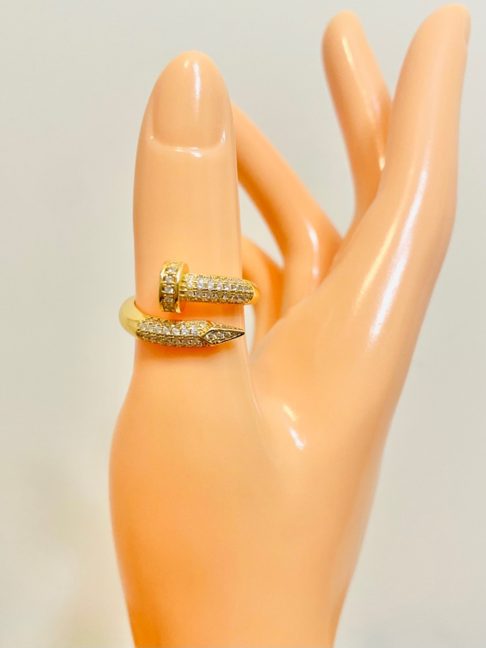 Iced Out Yellow Gold Filled Adjustable Nail Wrap Ring Designer Inspired NWOT - Picture 2 of 7